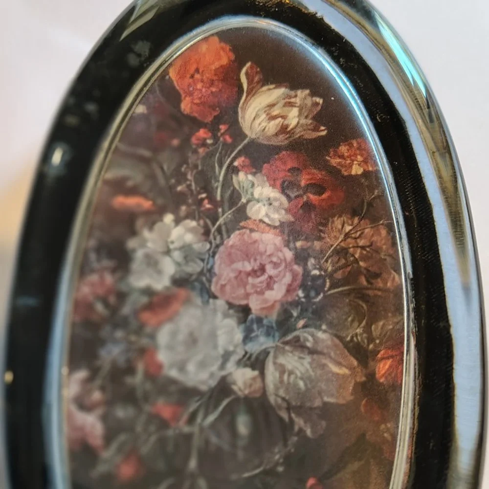 Vtg Italian Oval Floral Paper Weight Romantic Dark Moody Black Pink Felt Bottom